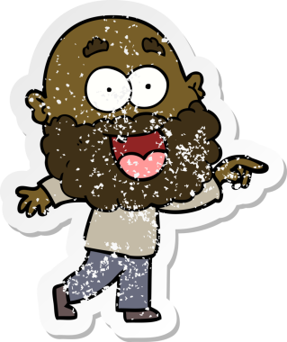 Bir insan tarafından çizilmiş sakallı, çılgın, mutlu bir adamın sıkıntılı çıkartması.