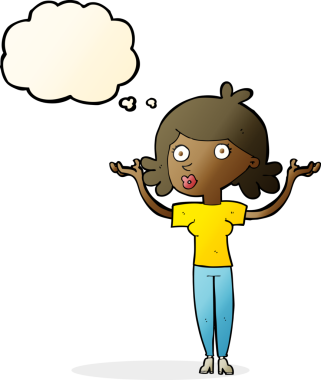 Bir insan tarafından çizilmiş düşünce baloncuğuyla kollarını havaya kaldıran çizgi film kadını.