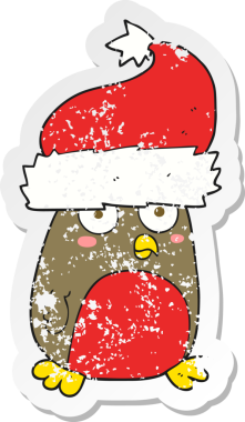 Bir insan tarafından çizilmiş Noel Baba şapkası giyen bir çizgi filmin gerilimli retro çıkartması.