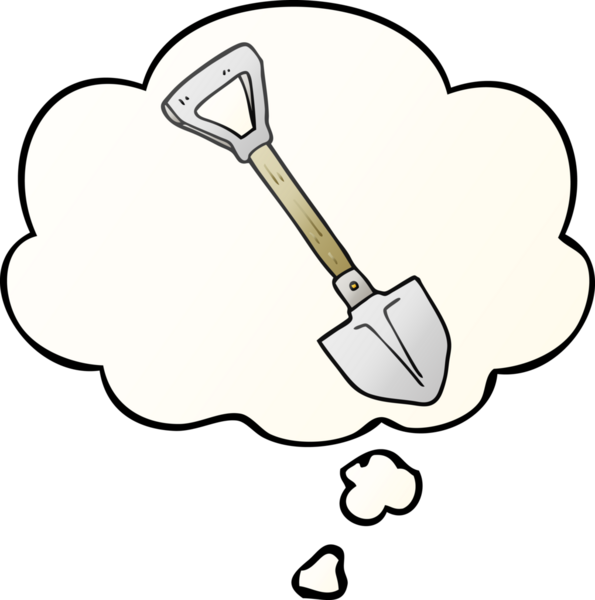 Düşünce baloncuğu olan çizgi film küreği, bir insan tarafından çizilmiş düzgün gradyan stil.