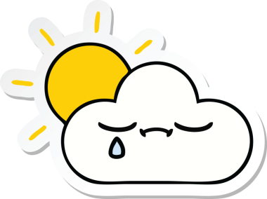 Bir insan tarafından çizilmiş şirin bir karikatür güneş ışığı ve bulut çıkartması.