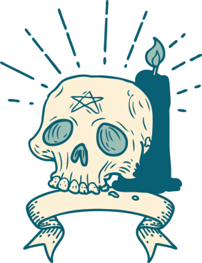 Dövme stili, ürkütücü kafatası ve bir insan tarafından çizilmiş mum pankartı.