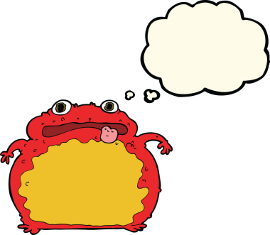 Bir insan tarafından çizilmiş düşünce baloncuklu komik kurbağa.