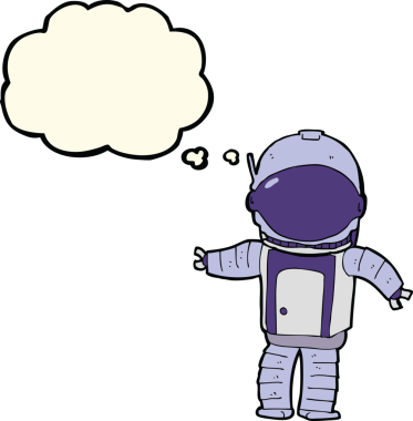 Bir insan tarafından çizilmiş düşünce baloncuklu astronot.