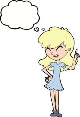 Bir insan tarafından çizilen düşünce baloncuğuyla nokta koyan çizgi film kızı.