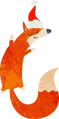 Bir insan tarafından çizilmiş Noel Baba şapkası giymiş zıplayan tilkinin el çizimi karikatürü.