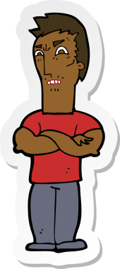 Çizgi film çıkartması. Bir insan tarafından çizilmiş kolları olan rahatsız bir adam.