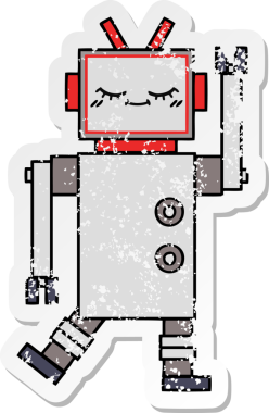 Bir insan tarafından çizilmiş sevimli bir robot çizgi film çıkartması.