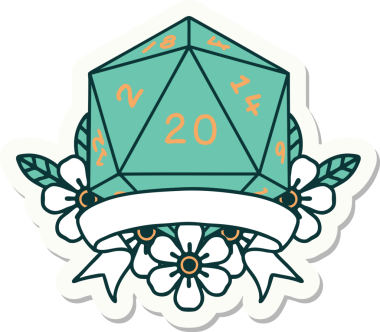 Bir insan tarafından çizilmiş 20 kritik vuruşluk D20 zar etiketi.