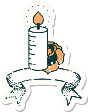 Bir mum bayrağı ve bir insan tarafından çizilmiş bir gül olan eski bir etiket.