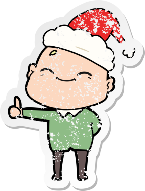 Mutlu el çizilmiş hüzünlü bir çıkartma. Kel bir adamın Noel Baba şapkası giymiş bir insan tarafından çizilmiş bir karikatürü.