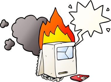 bir insan tarafından çizilmiş, konuşma baloncuklu çizgi film bozuk bilgisayarı