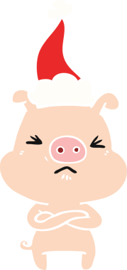 Bir insan tarafından çizilmiş Noel Baba şapkası giymiş kızgın bir domuzun düz bir çizimi.