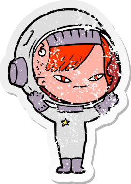 Bir insan tarafından çizilmiş karikatür astronot kadının sıkıntılı çıkartması.