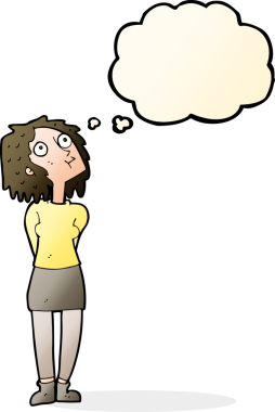 Bir insan tarafından çizilmiş düşünce baloncuğu olan meraklı bir kadın.