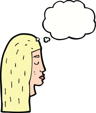 Bir insan tarafından çizilmiş düşünce baloncuklu kadın yüz profili.