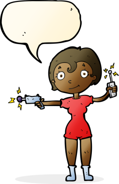 Bir insan tarafından çizilmiş konuşma balonu olan gelecekteki uzay kızı çizgi filmi.