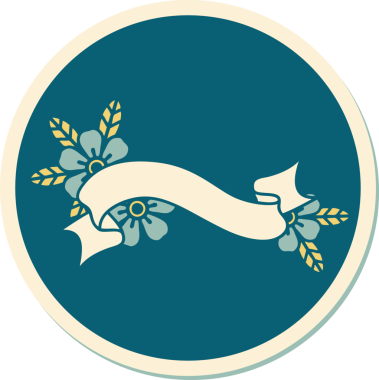 Geleneksel dövme stili bir pankart ve insan tarafından çizilmiş çiçekler.