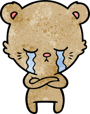 Bir insan tarafından çizilmiş kollarıyla ağlayan çizgi film ayısı.