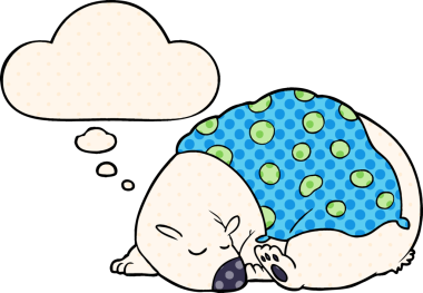 Karikatür kutup ayısı çizgi roman tarzında bir insan tarafından çizilmiş düşünce baloncuğuyla uyuyor.