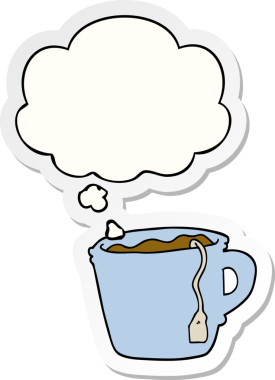 Düşünce baloncuklu sıcak çay fincanı insan tarafından çizilmiş bir çıkartma.