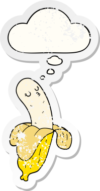 Düşünce baloncuklu çizgi film muzu, insan tarafından çizilmiş yıpranmış bir çıkartma gibi.