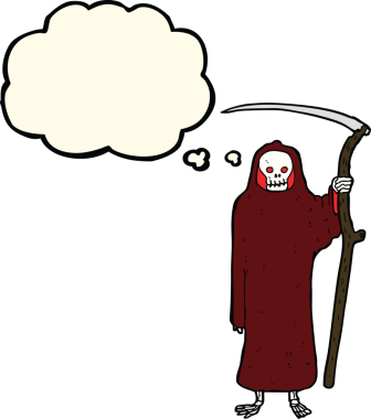 Bir insan tarafından çizilmiş düşünce baloncuklu ölüm karikatürü