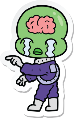 Bir çizgi filmin çıkartması. Büyük beyin uzaylıları ağlıyor ve bir insan tarafından çizilmiş.