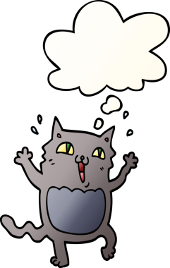 Çizgi film delisi heyecanlı kedi. Düşünce baloncuğu bir insan tarafından çizilmiş.