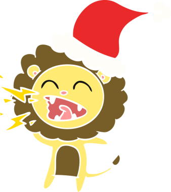 Kükreyen bir aslanın insan tarafından çizilmiş Noel Baba şapkası giymiş düz renk çizimi.