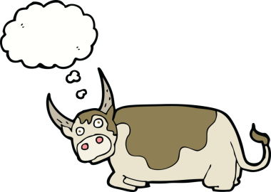 Bir insan tarafından çizilmiş düşünce baloncuklu çizgi film boğası.