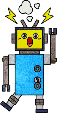 Bir insan tarafından çizilmiş arızalı bir robotun retro grunge desen karikatürü