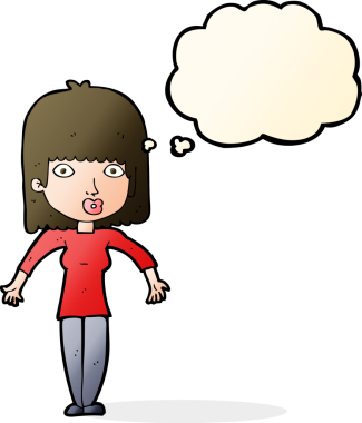 Bir insan tarafından çizilmiş düşünce baloncuğuyla omuz silken çizgi film kadını.