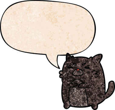 bir insan tarafından çizilmiş eski moda konuşma baloncuklu kızgın kedi çizgi filmi.