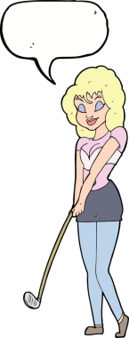 Bir insan tarafından çizilmiş konuşma balonuyla golf oynayan çizgi film kadını.