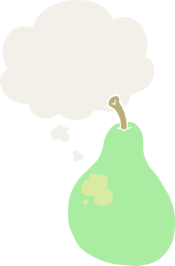 Düşünce baloncuğu olan bir çizgi film armudu insan tarafından çizilmiş.