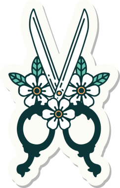 Bir insan tarafından çizilmiş geleneksel makas ve çiçek stili dövme çıkartması.