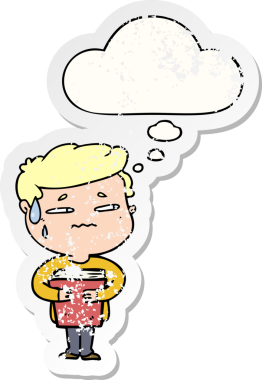 Düşünce baloncuğu taşıyan endişeli çizgi film çocuğu bir insan tarafından çizilmiş yıpranmış bir çıkartma gibi