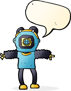 Bir insan tarafından çizilmiş konuşma balonlu derin deniz dalgıcı çizgi filmi.