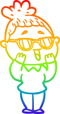 Bir insan tarafından çizilmiş gözlük takan mutlu bir kadının çizgi çizimi.