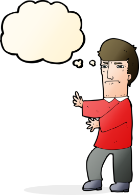 Bir insan tarafından çizilmiş düşünce kabarcığı olan huysuz bir çizgi film karakteri.