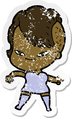 Hipster saç kesimi bir insan tarafından çizilmiş tatlı bir çizgi film kızına ait sıkıntılı bir etiket.