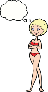 Bir insan tarafından çizilmiş düşünce baloncuklu bikinili retro kadın.