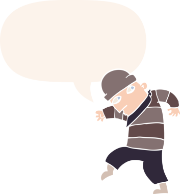 Bir insan tarafından çizilmiş eski usul konuşma balonlu çizgi film hırsızı.