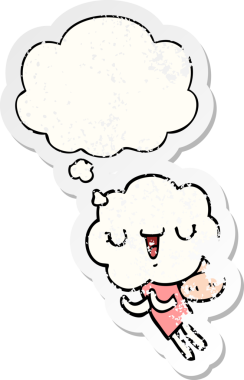 Düşünce baloncuğu olan tatlı bir çizgi film yaratığı insan tarafından çizilmiş yıpranmış bir çıkartma.