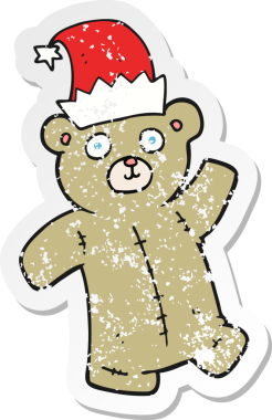 Bir insan tarafından çizilmiş noel şapkası giyen oyuncak ayının gerilemiş çıkartması.