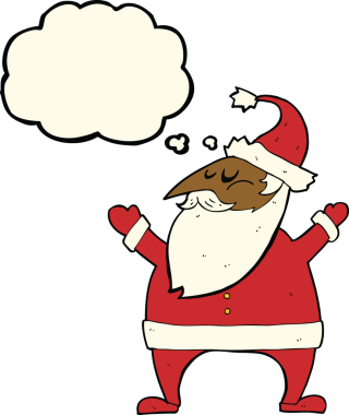 Bir insan tarafından çizilmiş düşünce baloncuklu Noel Baba çizgi filmi.