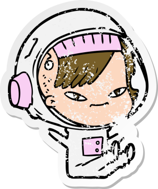 Bir insan tarafından çizilmiş karikatür astronot kadının sıkıntılı çıkartması.