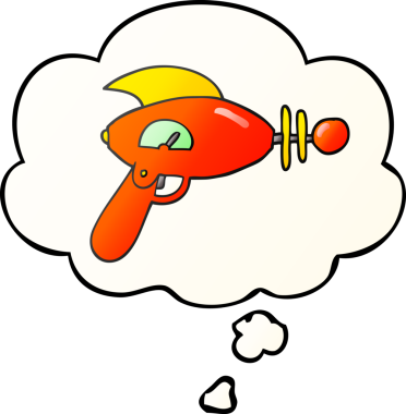 Düşünce baloncuklu karikatür ışın tabancası bir insan tarafından çizilmiş.