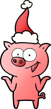 Bir insan tarafından çizilmiş Noel Baba şapkası takan bir domuzun el çizimi karikatürü.